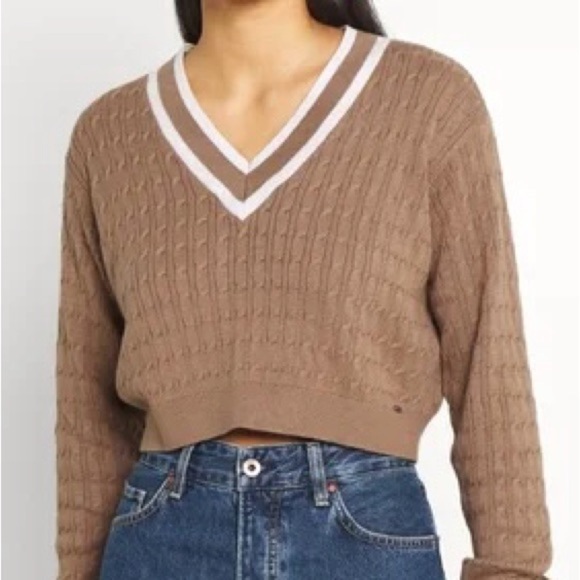 Hollister knitted V-Neck Sweater Womens XS tan and white Pullover Long size XS - Picture 12 of 13